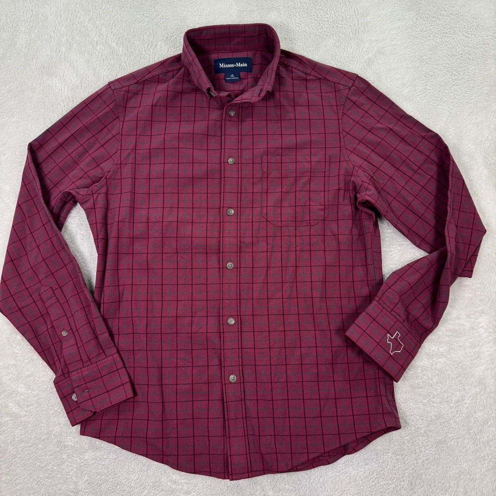 Mizzen+Main Mens Small Trim Fit Button‎ Down Shirt Burgundy Plaid Texas Logo EUC